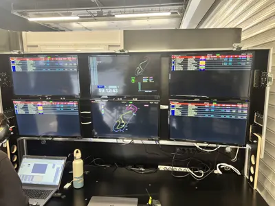 Race control timing screens monitoring a live circuit session